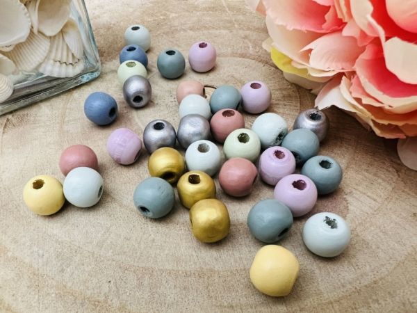 35 Perles bois effet métal pastel 12mm