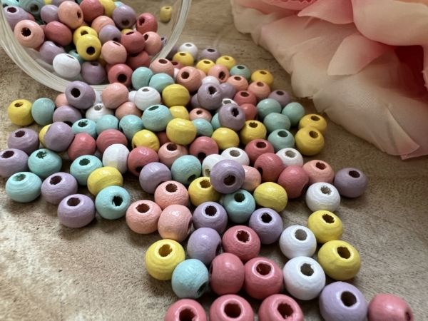 250 Perles bois pastel rose 6mm