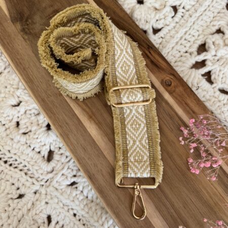 Bandoulière en coton et lurex doré – beige – avec franges – accessoire sac crochet