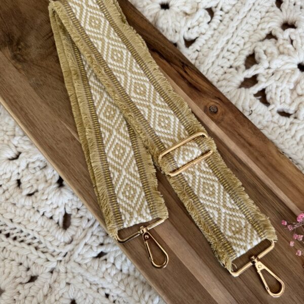 Bandoulière en coton et lurex doré – beige – avec franges – accessoire sac crochet