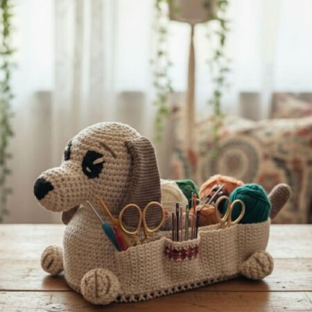 Teckel en crochet fait main servant de range-crochets et accessoires de mercerie avec pelotes de laine