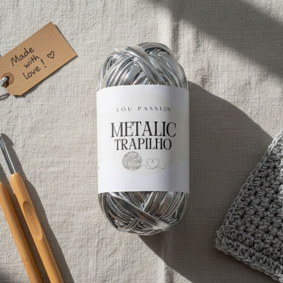 Pelote Metallic Trapilho argent Lou Passion avec crochets en bois et étiquette Made with love