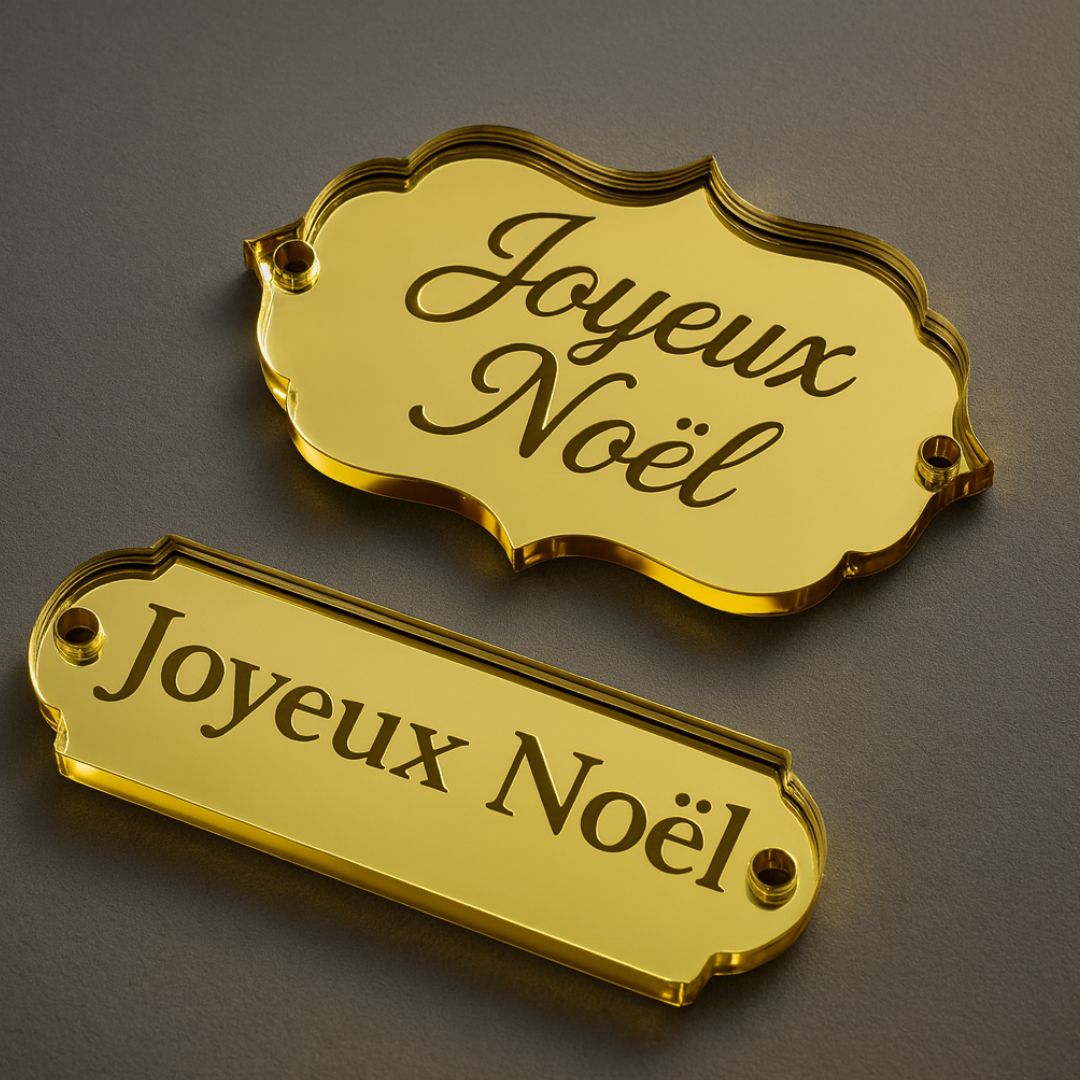 Lot de 2 étiquettes « Joyeux Noël » dorées – Plexi miroir – Forme rectangulaire et arrondie