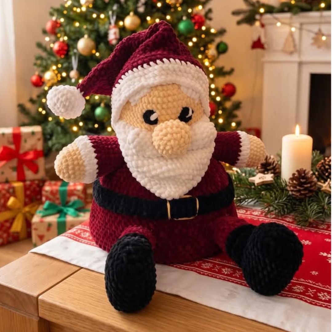 Père Noël au crochet en fil chenille, avec bonnet et tenue bordeaux, barbe blanche, ceinture et bottes noires, assis sur une table.