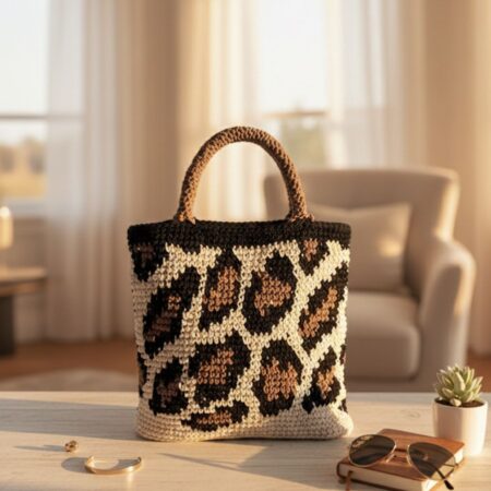 Image du Kit Sac Léopard LesPtitesBouill x Lou Passion, réalisé au crochet avec 3 pelotes Tricoton noir, camel et crème. PDF offert jusqu’au 14 décembre.