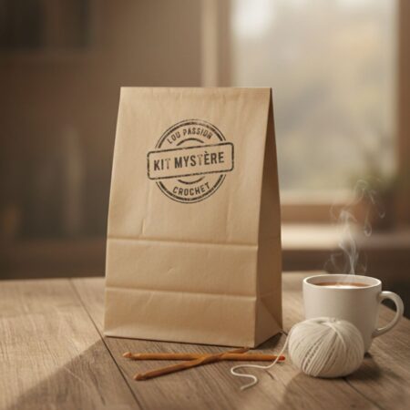 Kit Mystère Crochet Lou Passion Amigurumi – Sac kraft sur table en bois avec laine et crochet. Ambiance cosy.