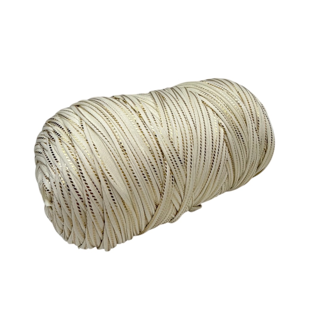 Trapilho Satin Stretch Créme et Or – 400 g / 105 m– Fil satiné souple et brillant pour crochet et tricot | Lou Passion