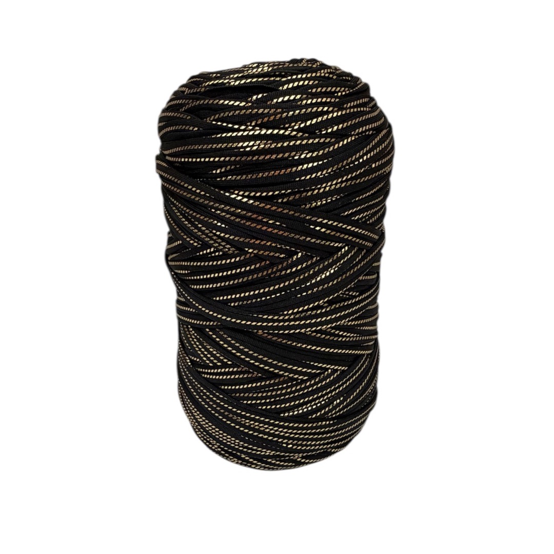 Trapilho Satin Stretch Noir et Or – 400 g / 105 m– Fil satiné souple et brillant pour crochet et tricot | Lou Passion