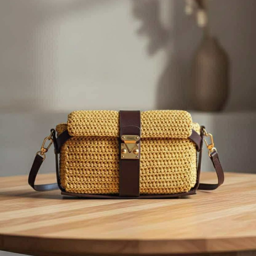 Sac bandoulière au crochet couleur champagne avec armature simili cuir marron – kit crochet Lou Passion