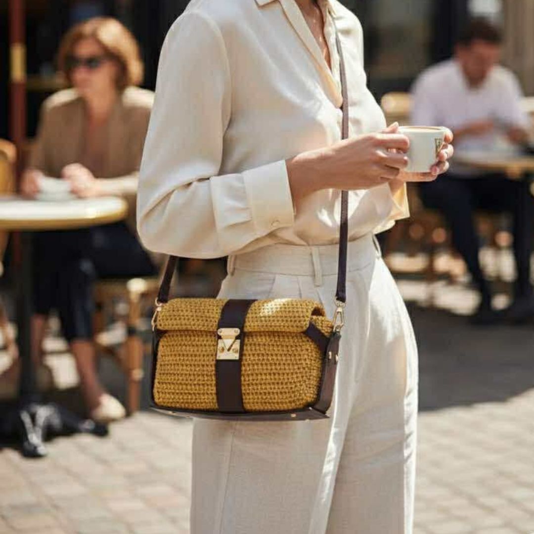 Sac bandoulière au crochet couleur champagne porté en situation avec armature simili cuir marron – kit crochet Lou Passion