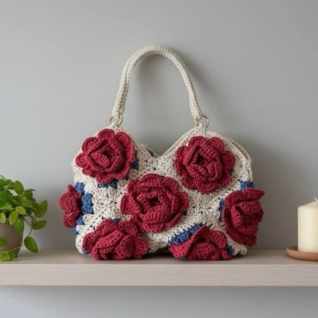 Sac au crochet fleuri fait main en collaboration LesPtitesBouill et Lou Passion, avec grandes roses rouges en relief et anses blanches.