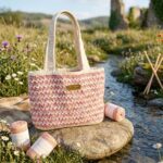 Sac crochet Sunshine beige et rose réalisé en fil Boho présenté en extérieur style naturel