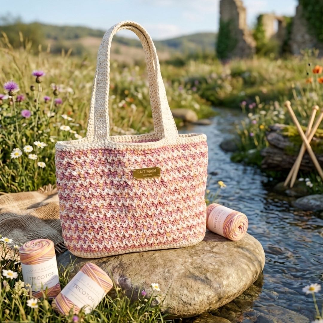 Sac crochet Sunshine beige et rose réalisé en fil Boho présenté en extérieur style naturel