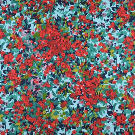 Tissu coton imprimé baies rouges et feuillage vert pour doublure de sac crocheté et accessoires couture