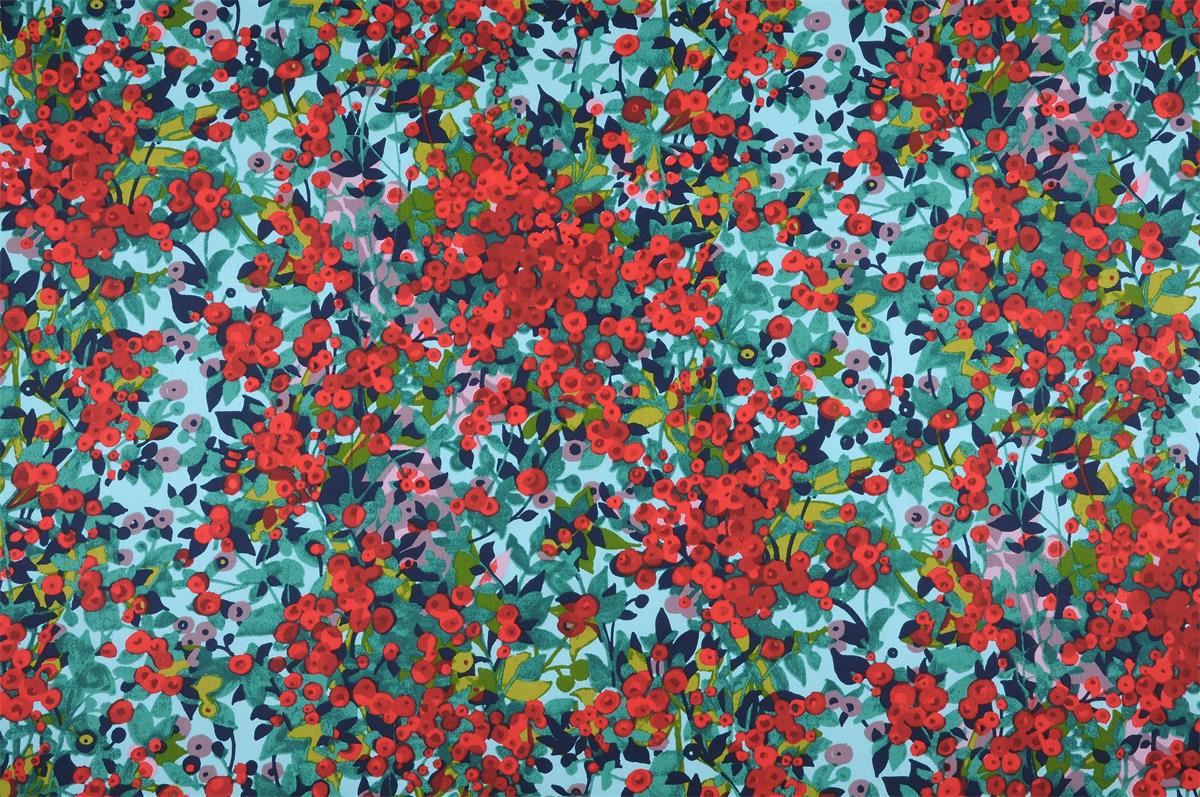 Tissu coton imprimé baies rouges et feuillage vert pour doublure de sac crocheté et accessoires couture