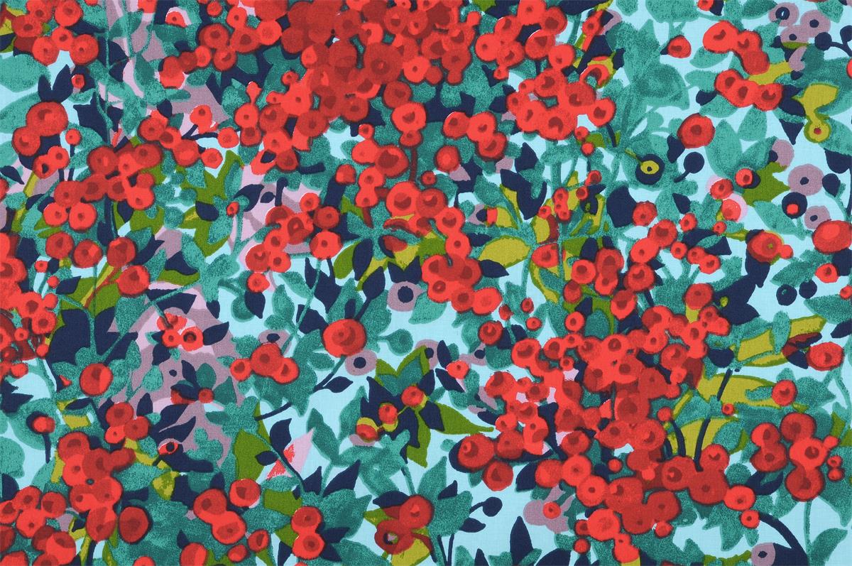 Tissu imprimé végétal rouge et vert en coton Oeko-Tex pour décoration et couture créative