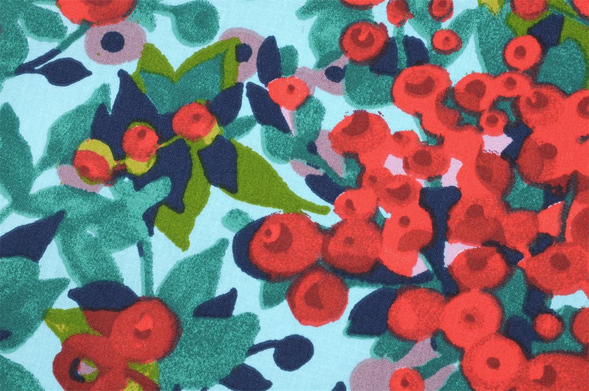 Tissu cretonne CAPUCINE à motif feuillage et baies rouges vendu par 50 cm