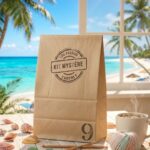 Kit crochet mystère n°9 Lou Passion présenté dans un sachet kraft avec ambiance estivale et plage en arrière-plan.