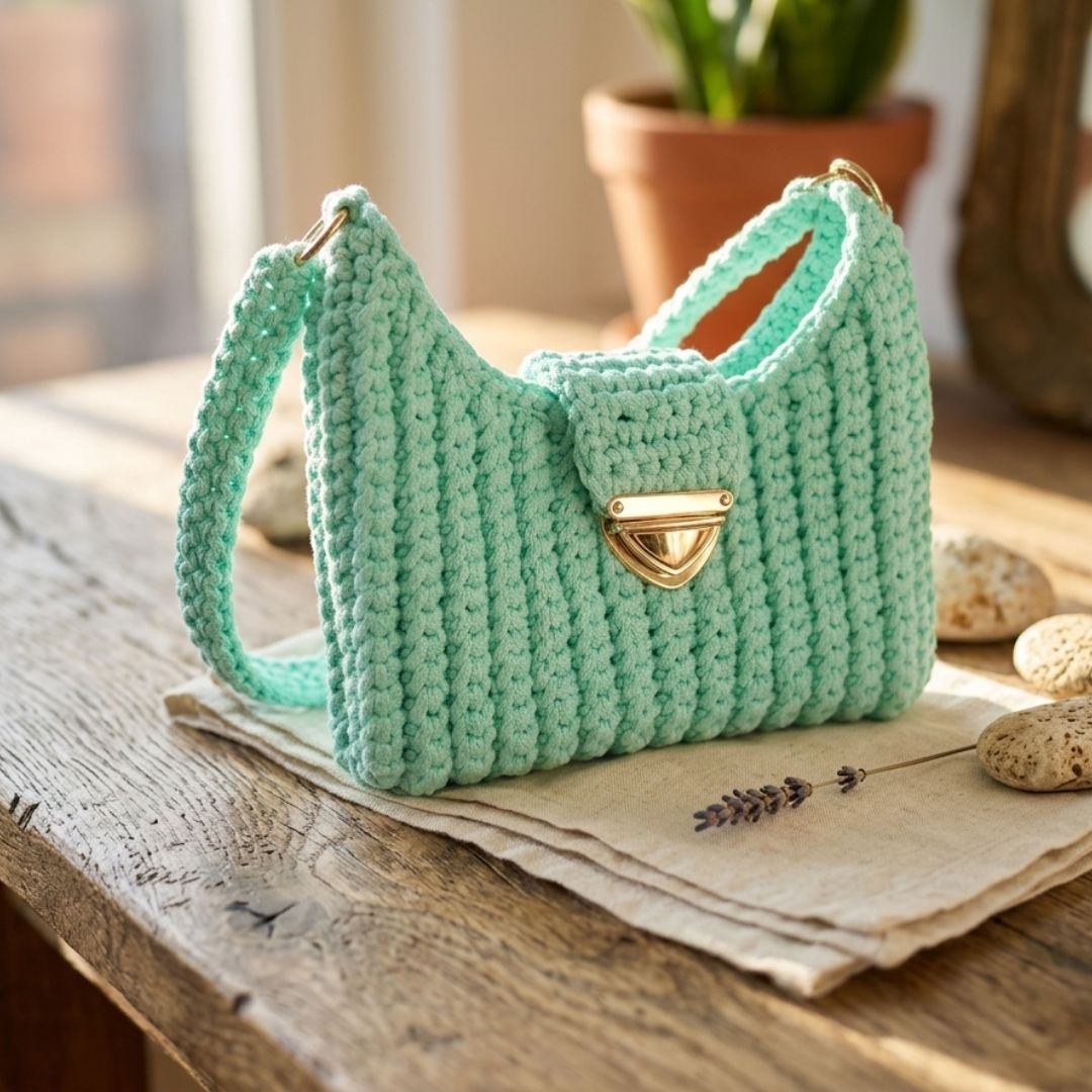 Sac Cala porté à l’épaule en crochet couleur menthe