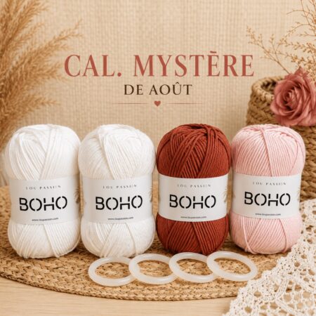 CAL Mystère d’août Lou Passion - Kit crochet Boho avec 2 pelotes blanches, 1 terracotta, 1 rose poudré et 4 anneaux