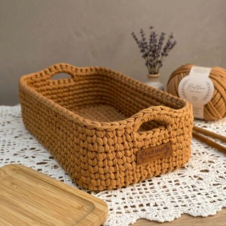 Kit panier rectangulaire en Trapilho au crochet couleur camel