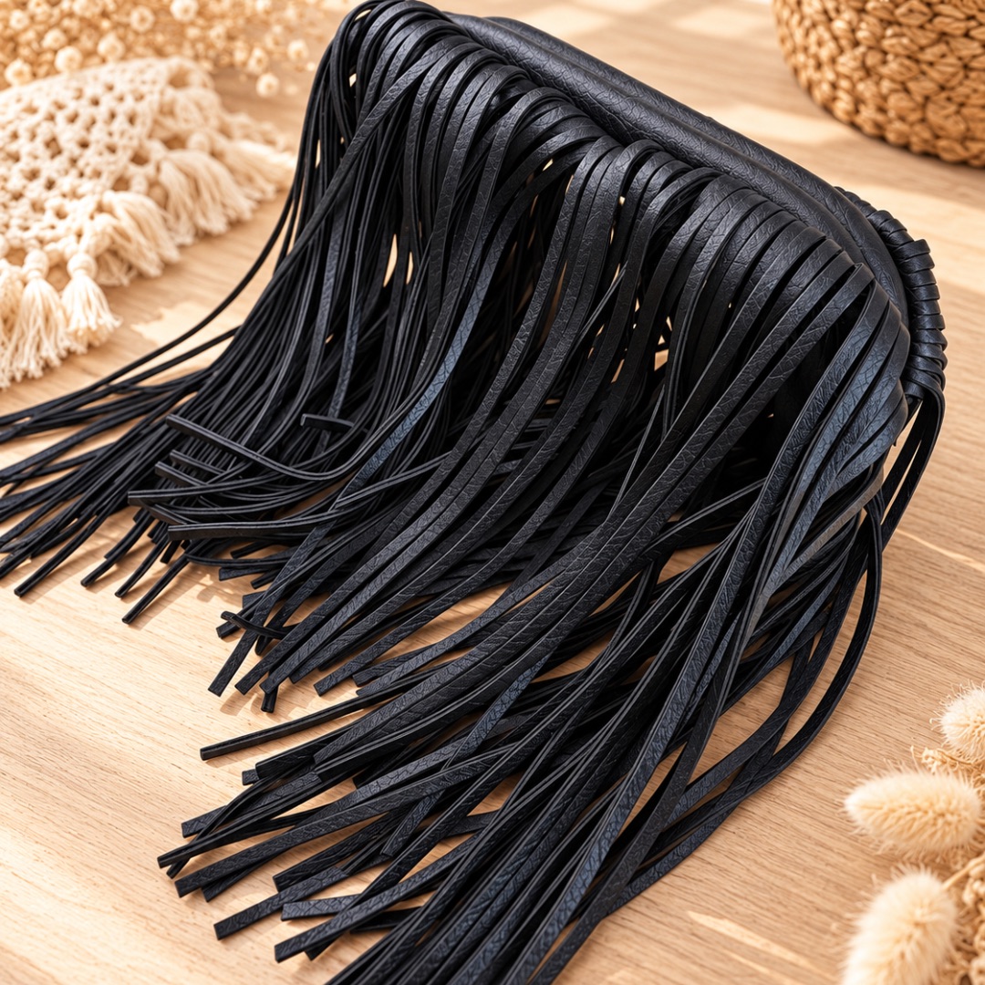 Fermoir à franges noir pour sac 20 x 9 cm en simili cuir