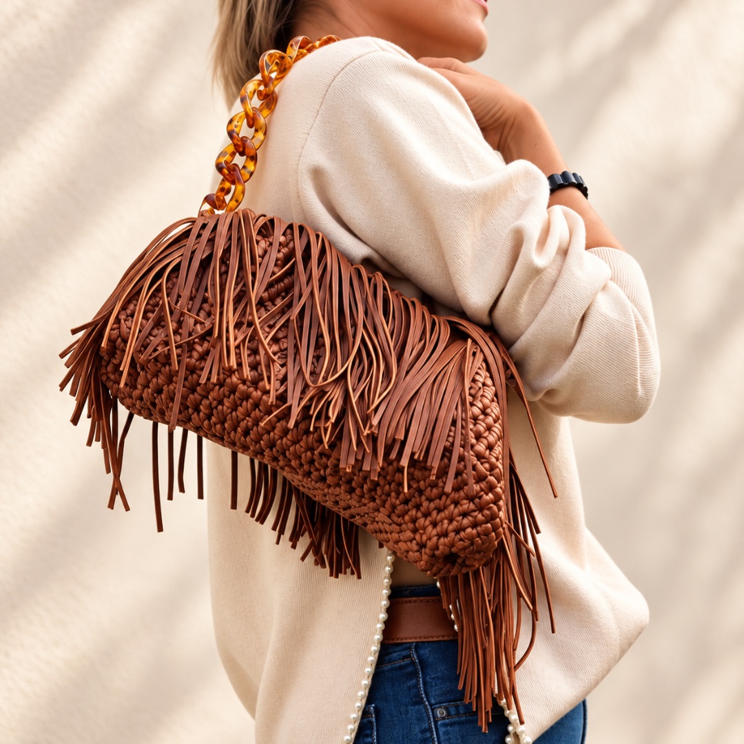 Sac à franges crochet débutant réalisé en Trapilho Simili