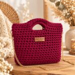 Kit sac au crochet débutant Bordeaux Lou Passion avec trapilho Satin Stretch et accessoires dorés