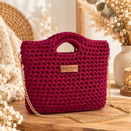Kit sac au crochet débutant Bordeaux Lou Passion avec trapilho Satin Stretch et accessoires dorés