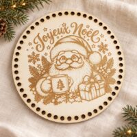 Estampe ronde en bois gravée d’un Père Noël et de l’inscription « Joyeux Noël », personnalisable avec un prénom.