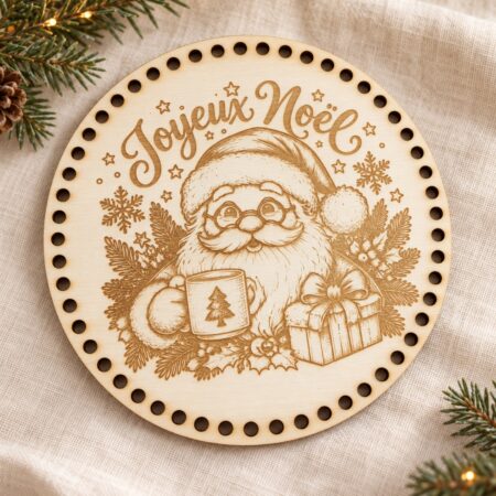 Estampe ronde en bois gravée d’un Père Noël et de l’inscription « Joyeux Noël », personnalisable avec un prénom.