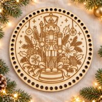 Estampe ronde en bois gravée d’un Casse-Noisette et de décorations de Noël, sans prénom.