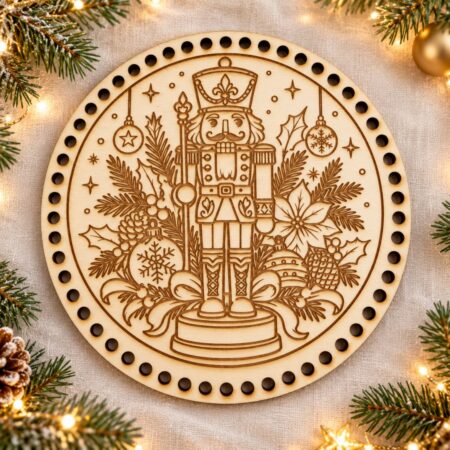 Estampe ronde en bois gravée d’un Casse-Noisette et de décorations de Noël, sans prénom.