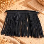 Fermeture à glissière de 25 cm en simili cuir noir avec franges de 20 cm, pour sac au crochet.