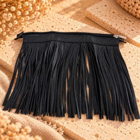 Fermeture à glissière de 25 cm en simili cuir noir avec franges de 20 cm, pour sac au crochet.