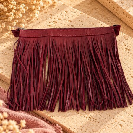 Fermeture à glissière bordeaux en simili cuir de 25 cm avec longues franges tombantes de 20 cm pour sac au crochet.