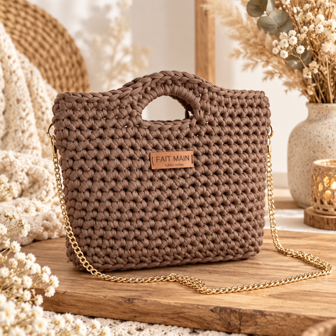 Kit sac au crochet débutant Cacao Lou Passion avec trapilho Satin Stretch et accessoires dorés